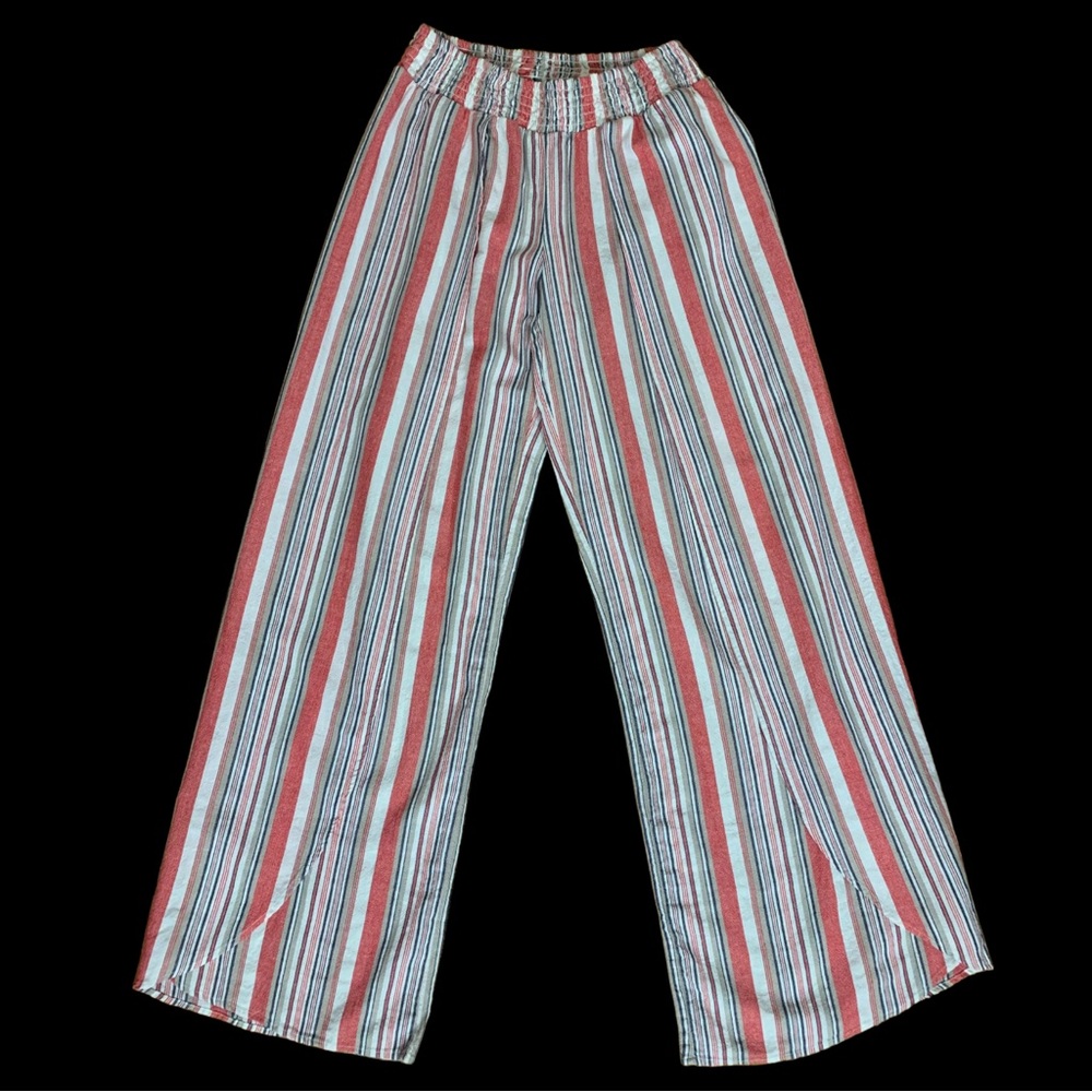 Bobi Los Angeles Red Striped Open Front Slit Wide Leg Linen Like Pants Small NWT - Picture 2 of 6